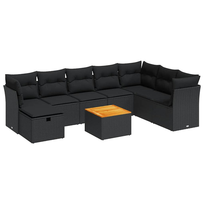 Set mobilier de grădină cu perne, 9 piese, negru, poliratan WALTI