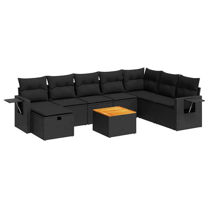 Set mobilier de grădină cu perne, 9 piese, negru, poliratan WALTI