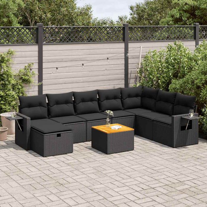 Set mobilier de grădină cu perne, 9 piese, negru, poliratan WALTI