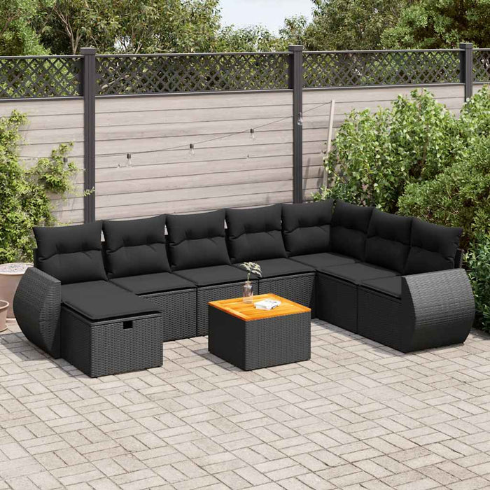 Set mobilier de grădină cu perne, 9 piese, negru, poliratan WALTI
