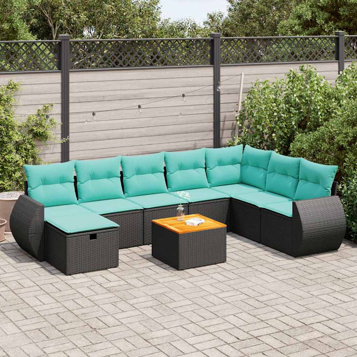 Set mobilier de grădină cu perne, 9 piese, negru, poliratan WALTI