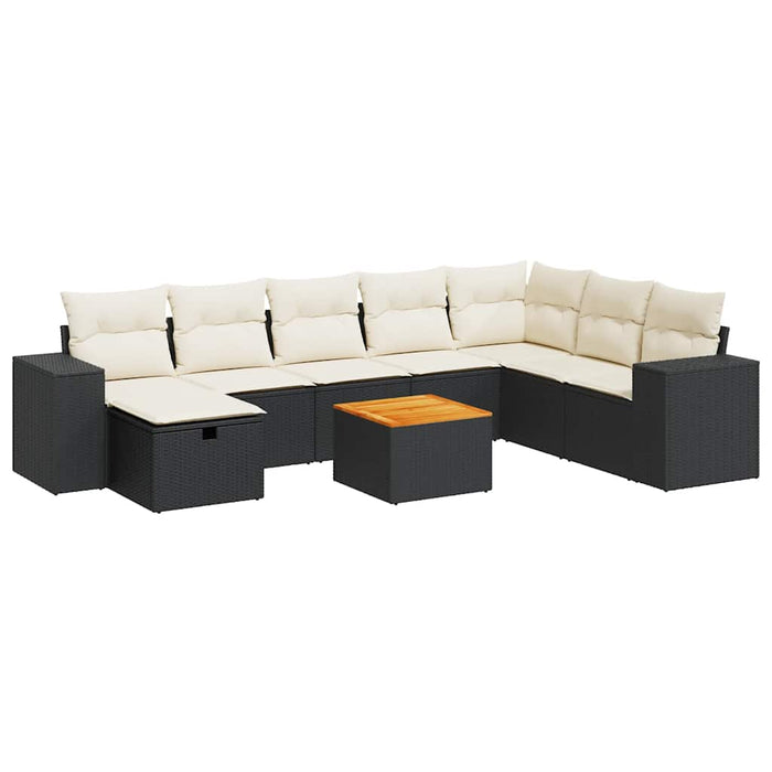Set mobilier de grădină cu perne, 9 piese, negru, poliratan WALTI