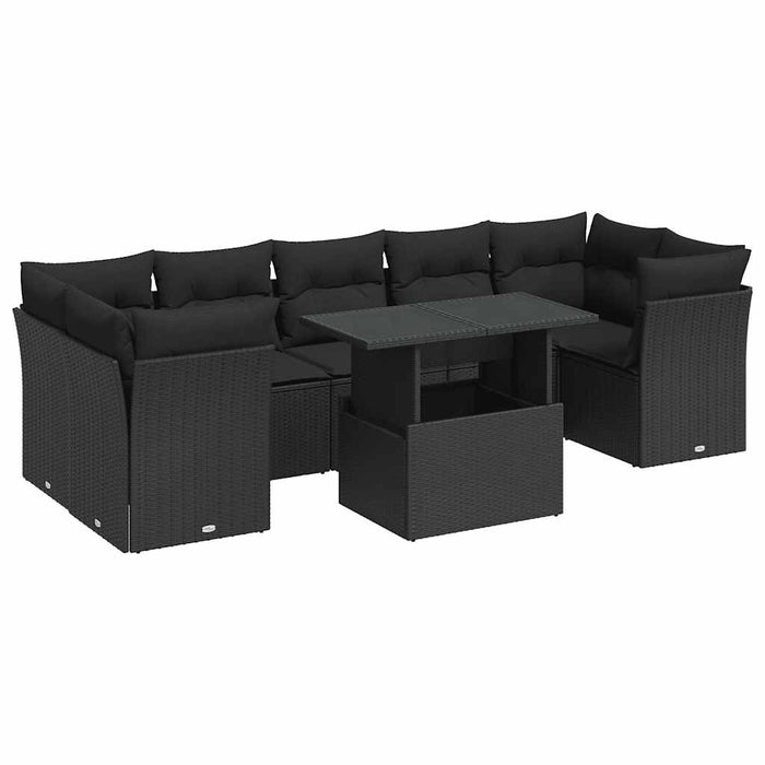Set mobilier de grădină cu perne, 8 piese, negru, poliratan WALTI