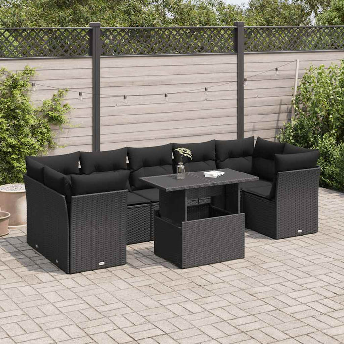 Set mobilier de grădină cu perne, 8 piese, negru, poliratan WALTI