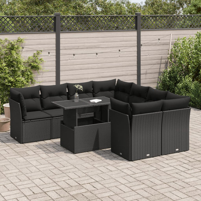 Set mobilier de grădină cu perne, 9 piese, negru, poliratan WALTI