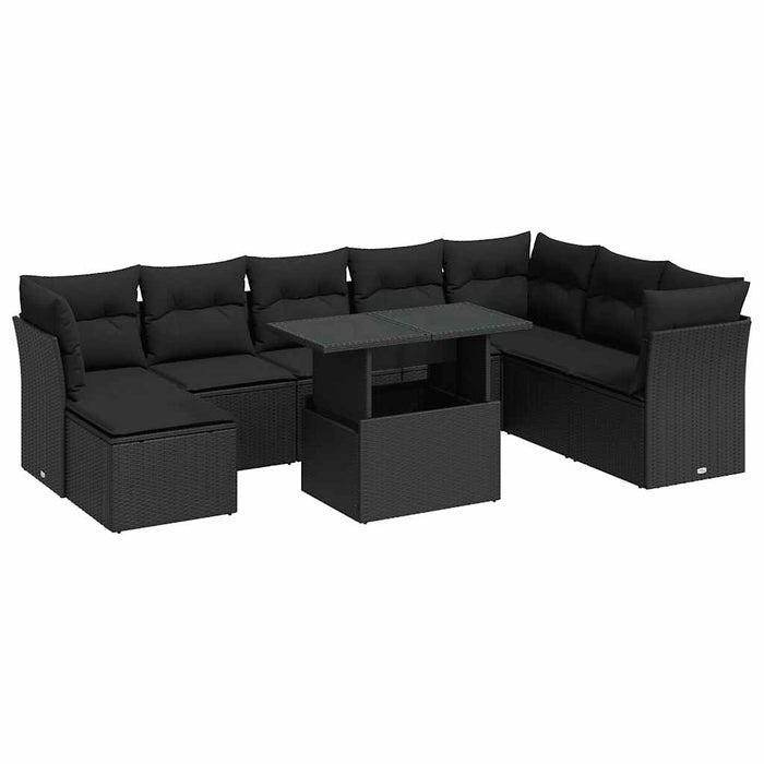 Set mobilier de grădină cu perne, 9 piese, negru, poliratan WALTI