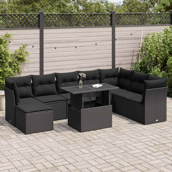 Set mobilier de grădină cu perne, 9 piese, negru, poliratan WALTI