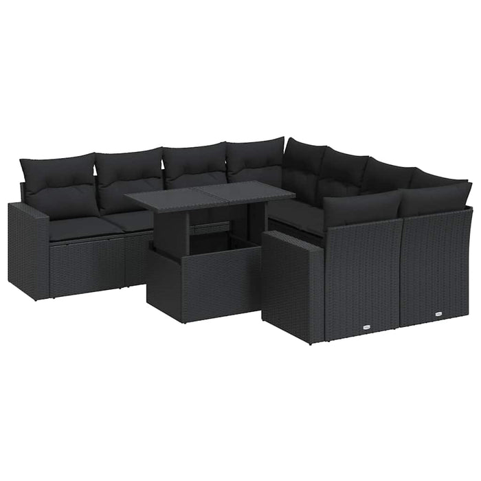 Set mobilier de grădină cu perne, 9 piese, negru, poliratan WALTI