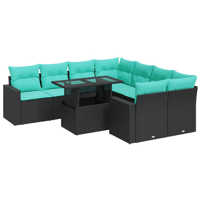 Set mobilier grădină perne 9 piese negru poliratan/lemn acacia WALTI