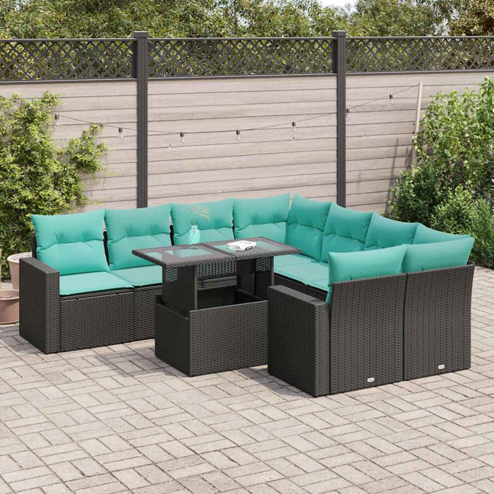 Set mobilier grădină perne 9 piese negru poliratan/lemn acacia WALTI