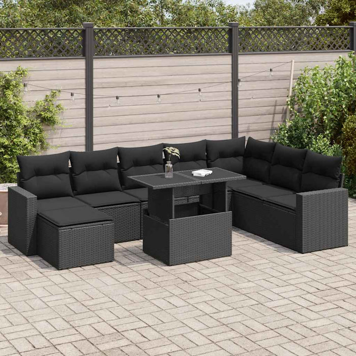 Set mobilier de grădină cu perne, 9 piese, negru, poliratan WALTI