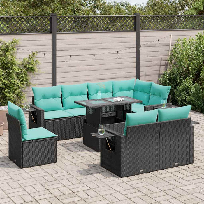 Set mobilier grădină perne 9 piese negru poliratan/lemn acacia WALTI