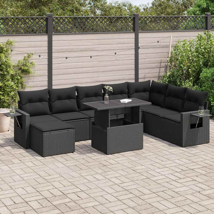 Set mobilier de grădină cu perne, 9 piese, negru, poliratan WALTI