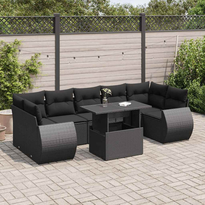 Set mobilier de grădină cu perne, 8 piese, negru, poliratan WALTI