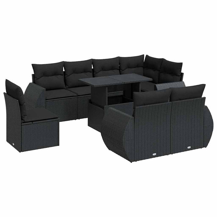 Set mobilier de grădină cu perne, 9 piese, negru, poliratan WALTI