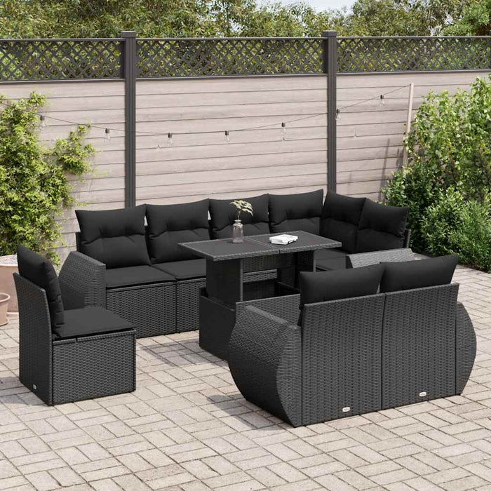 Set mobilier de grădină cu perne, 9 piese, negru, poliratan WALTI
