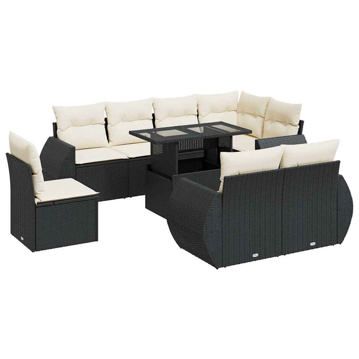 Set mobilier de grădină cu perne, 9 piese, negru, poliratan WALTI