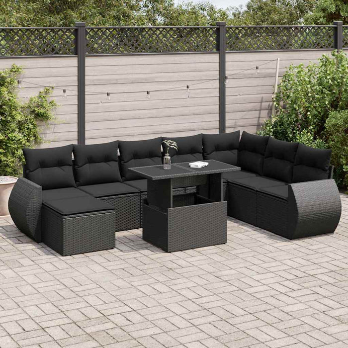 Set mobilier de grădină cu perne, 9 piese, negru, poliratan WALTI