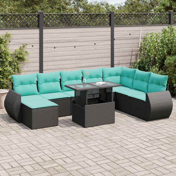 Set canapele grădină cu perne 9 piese, negru, poliratan/acacia WALTI