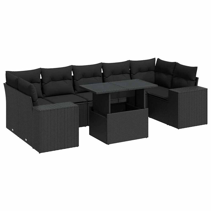Set mobilier de grădină cu perne, 8 piese, negru, poliratan WALTI