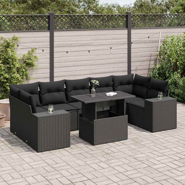 Set mobilier de grădină cu perne, 8 piese, negru, poliratan WALTI