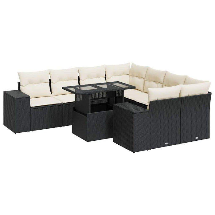 Set mobilier de grădină cu perne, 9 piese, negru, poliratan WALTI