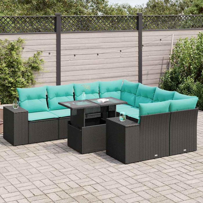 Set mobilier grădină perne 9 piese negru poliratan/lemn acacia WALTI