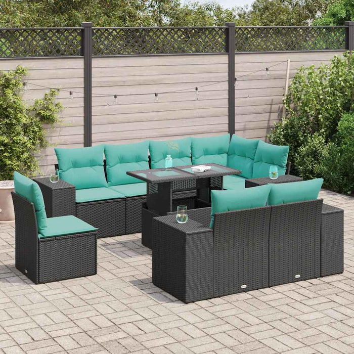 Set canapele de grădină cu perne, 9 piese, negru, poliratan WALTI
