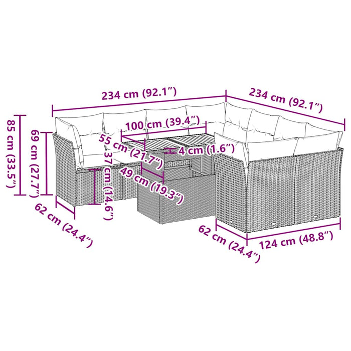 Set mobilier de grădină cu perne, 9 piese, negru, poliratan WALTI
