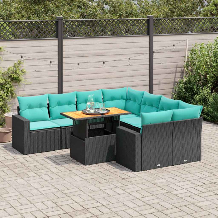 Set mobilier de grădină cu perne, 9 piese, negru, poliratan WALTI