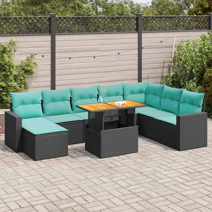 Set mobilier de grădină cu perne, 9 piese, negru, poliratan WALTI