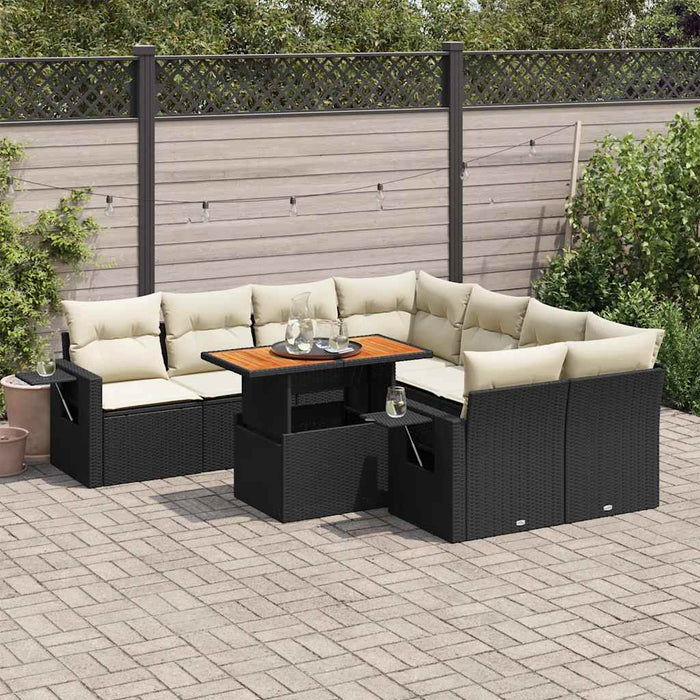 Set mobilier de grădină cu perne, 9 piese, negru, poliratan WALTI