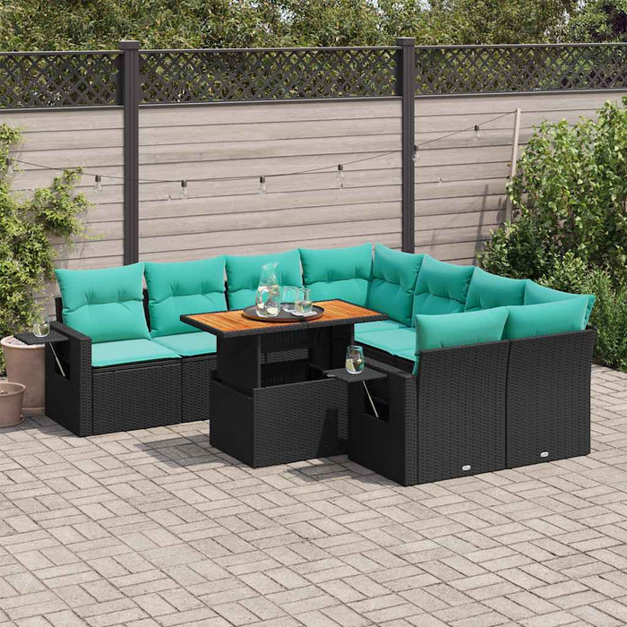 Set mobilier de grădină cu perne, 9 piese, negru, poliratan WALTI