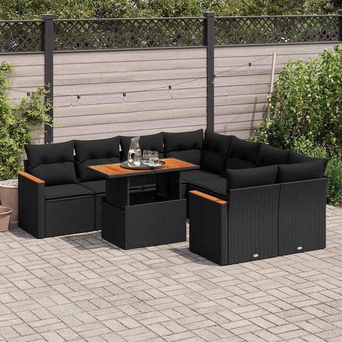 Set mobilier grădină perne 9 piese negru poliratan/lemn acacia - WALTI WALTI