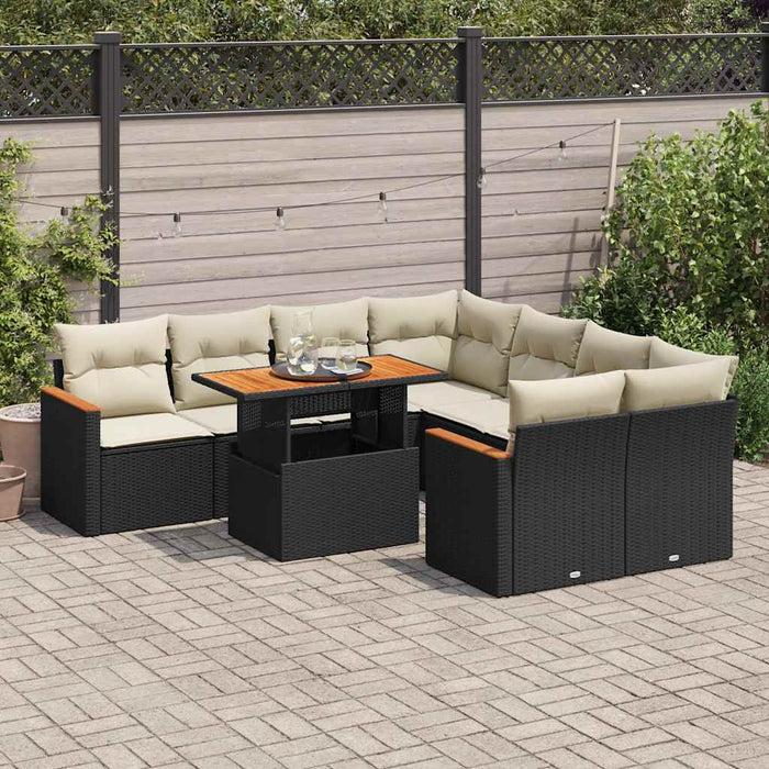 Set mobilier grădină perne 9 piese negru poliratan/lemn acacia WALTI