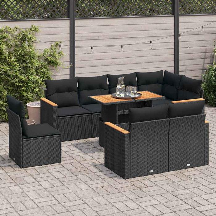 Set mobilier grădină perne 9 piese negru poliratan/lemn acacia - WALTI WALTI