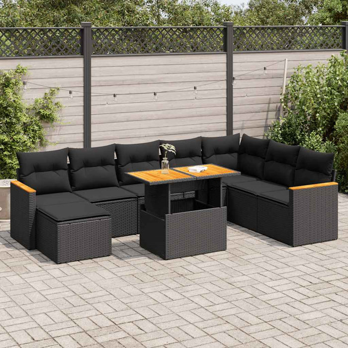 Set mobilier grădină perne 9 piese negru poliratan/lemn acacia - WALTI WALTI