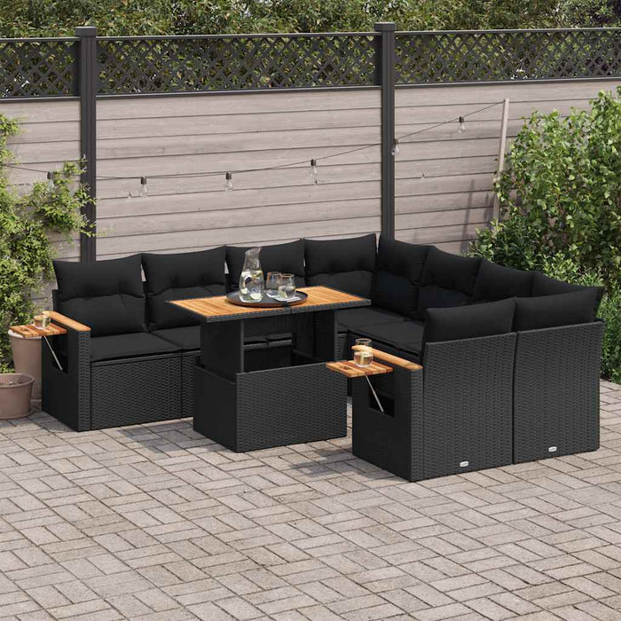 Set mobilier grădină perne 9 piese negru poliratan/lemn acacia - WALTI WALTI
