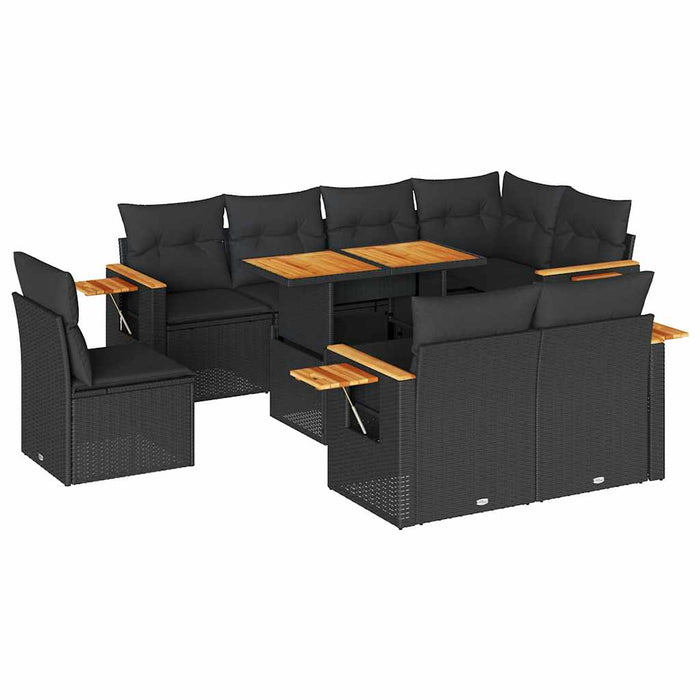 Set mobilier grădină perne 9 piese negru poliratan/lemn acacia WALTI