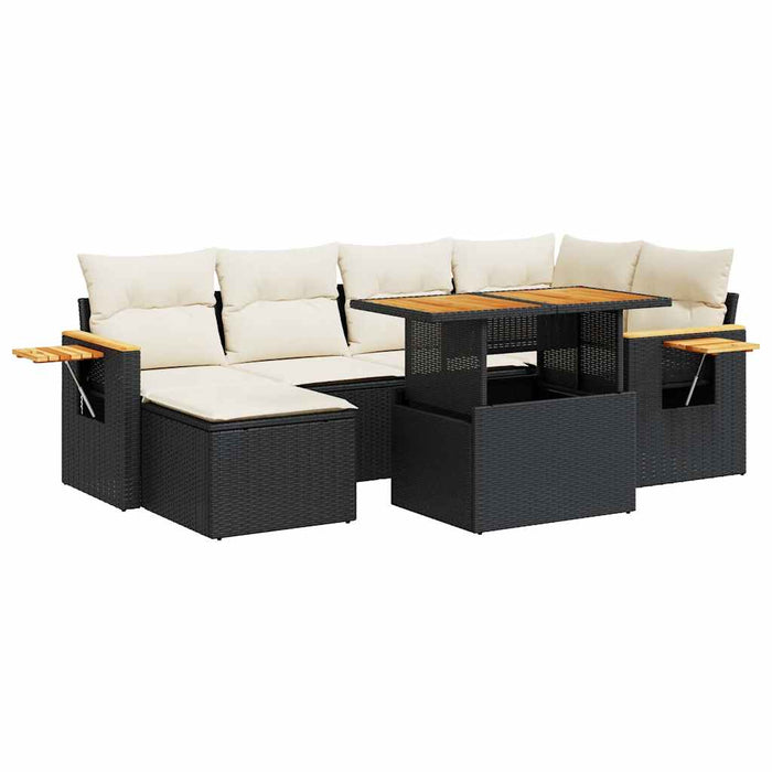 Set canapele grădină perne 7 piese negru, poliratan/lemn acacia WALTI