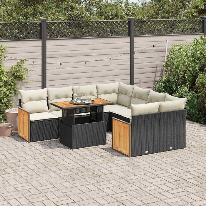 Set mobilier grădină perne 9 piese negru poliratan/lemn acacia - WALTI WALTI