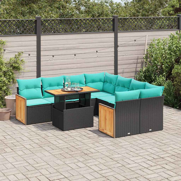 Set mobilier grădină perne 9 piese negru poliratan/lemn acacia - WALTI WALTI