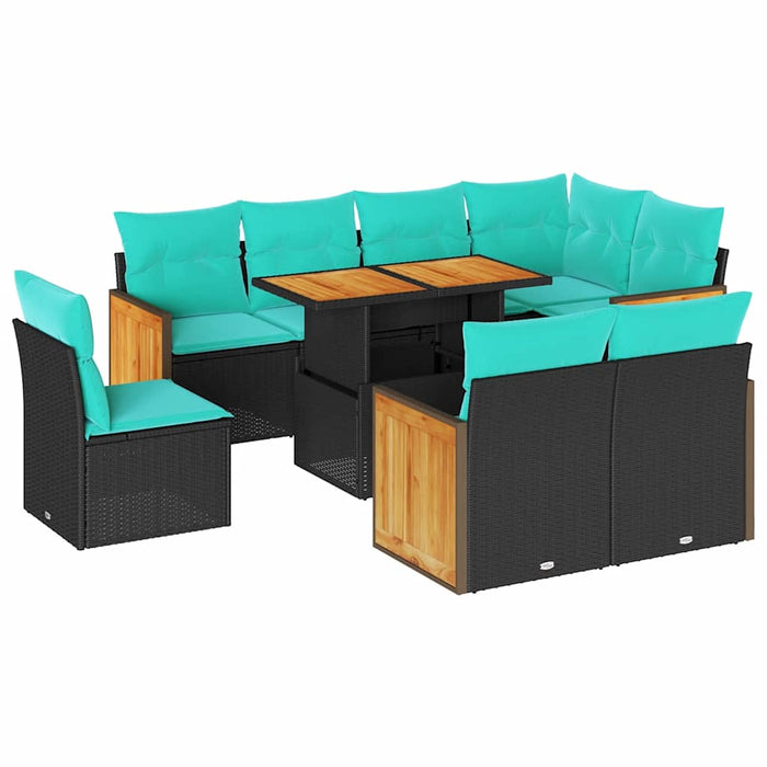 Set mobilier grădină perne 9 piese negru poliratan/lemn acacia WALTI