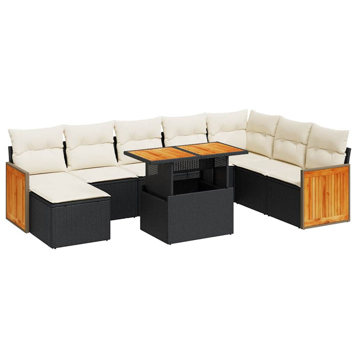Set mobilier grădină perne 9 piese negru poliratan/lemn acacia WALTI