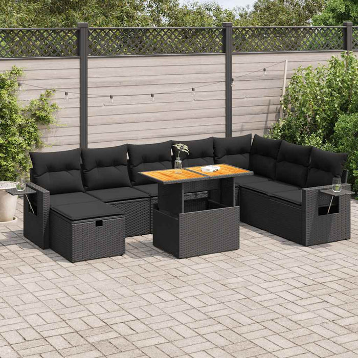Set mobilier grădină perne 9 piese negru poliratan/lemn acacia - WALTI WALTI