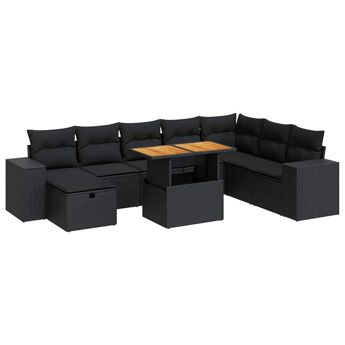 Set mobilier grădină perne 9 piese negru poliratan/lemn acacia - WALTI WALTI