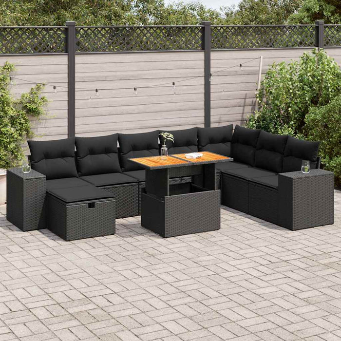 Set mobilier grădină perne 9 piese negru poliratan/lemn acacia - WALTI WALTI