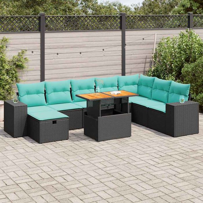 Set mobilier grădină perne 9 piese negru poliratan/lemn acacia - WALTI WALTI