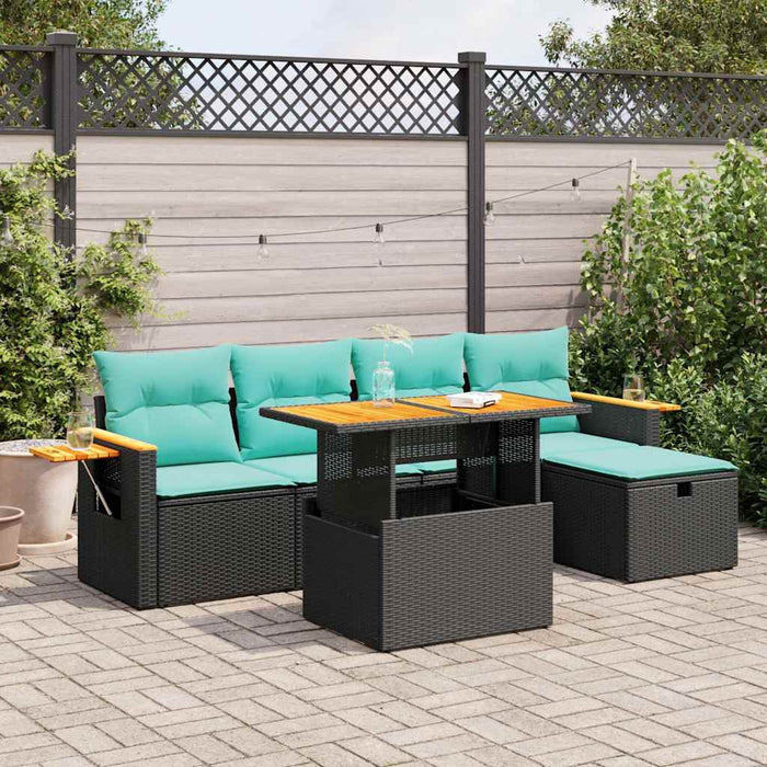 Set mobilier grădină perne 6 piese negru poliratan/lemn acacia WALTI
