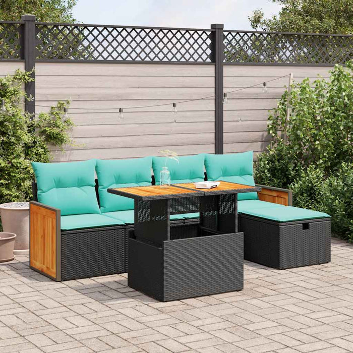 Set mobilier grădină perne 6 piese negru poliratan/lemn acacia WALTI